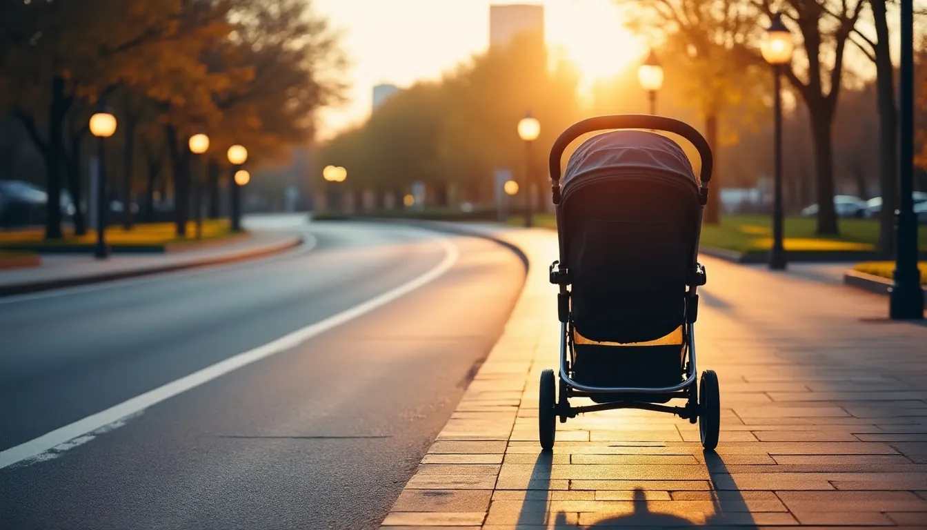 Leerer Kinderwagen von hinten auf einer Stadtstraße im Gegenlicht, nasser Asphalt mit Reflexen