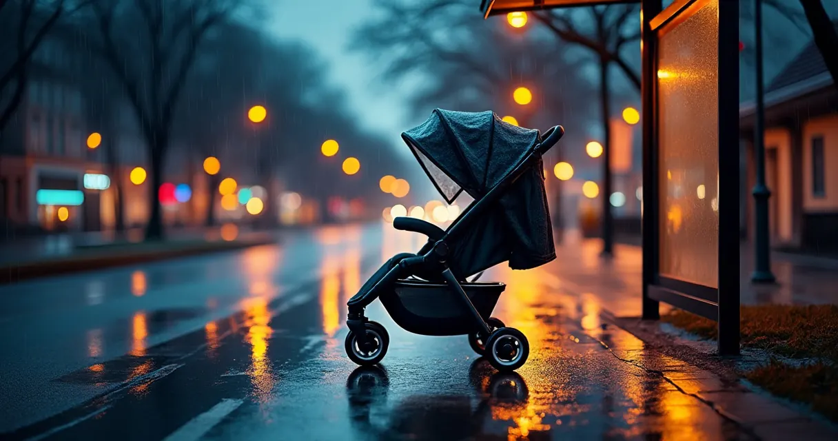 Leerer Kinderwagen mit Regenverdeck unter einem Haltestellendach an einem regnerischen Winterabend